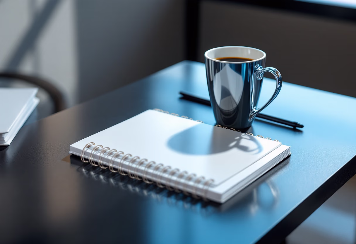 image of a notebook and coffee cup on a table (for a productivity tools business)