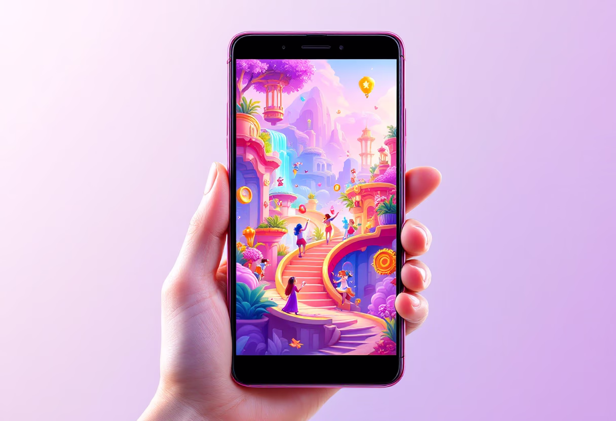 image of a dynamic mobile game interface on a smartphone