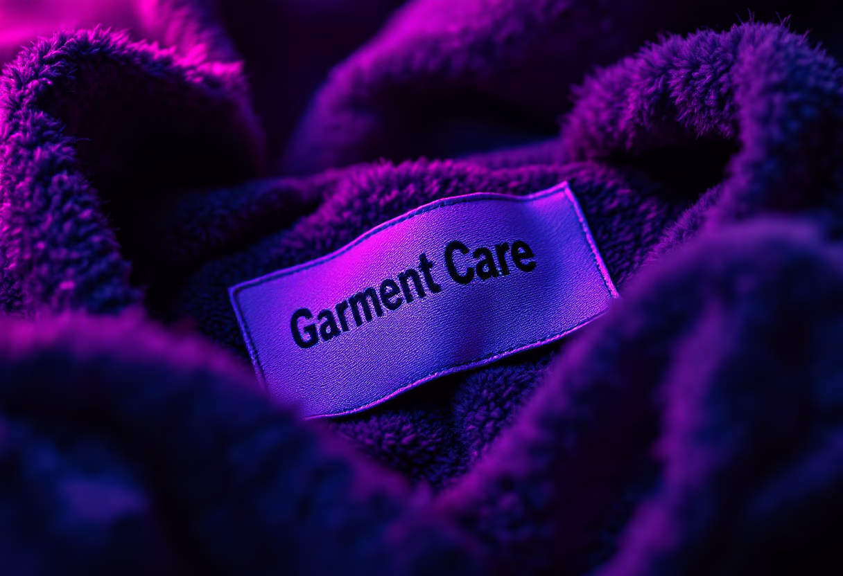 [background image] clothing item with care instructions (for a garment care service)
