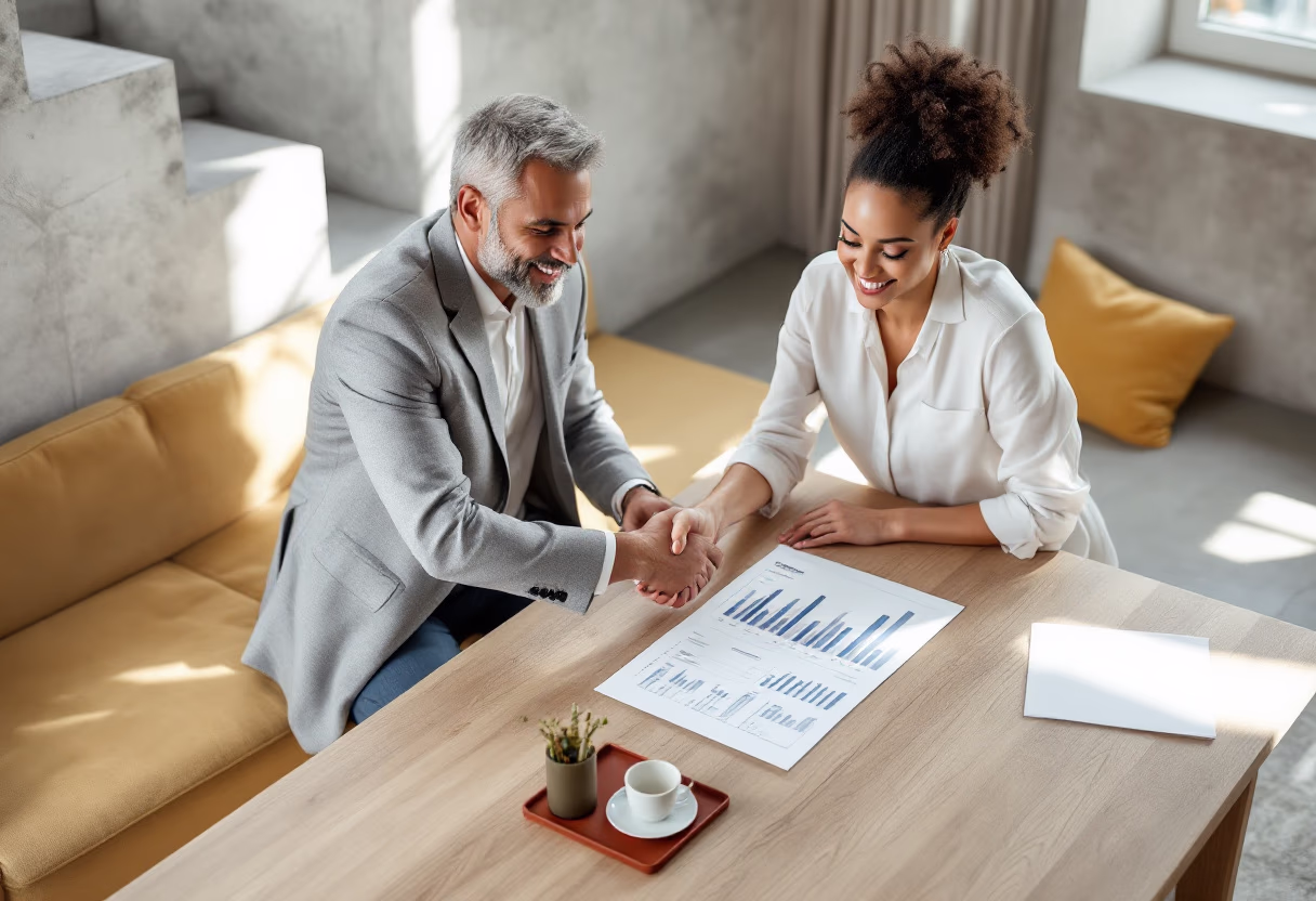 image of handshake over a financial report