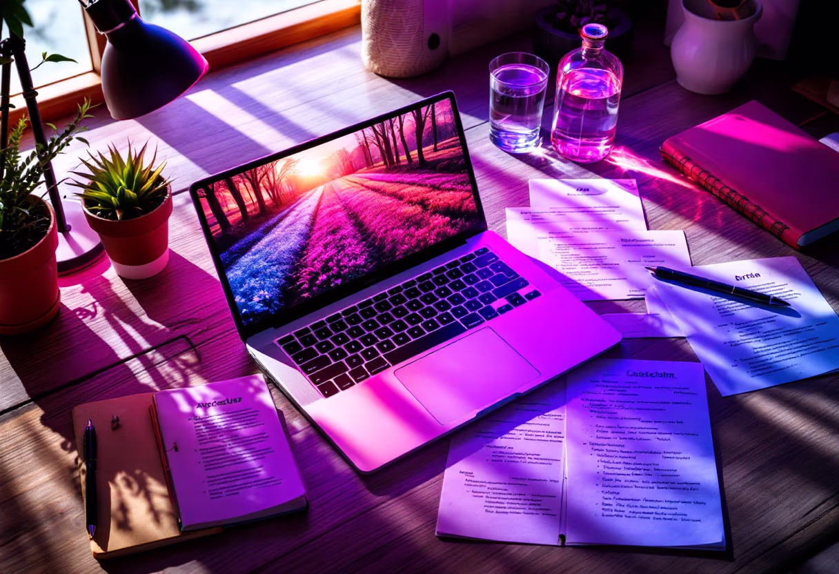 [background image] image of topdown photo of desk with laptop (for a food and agtech)