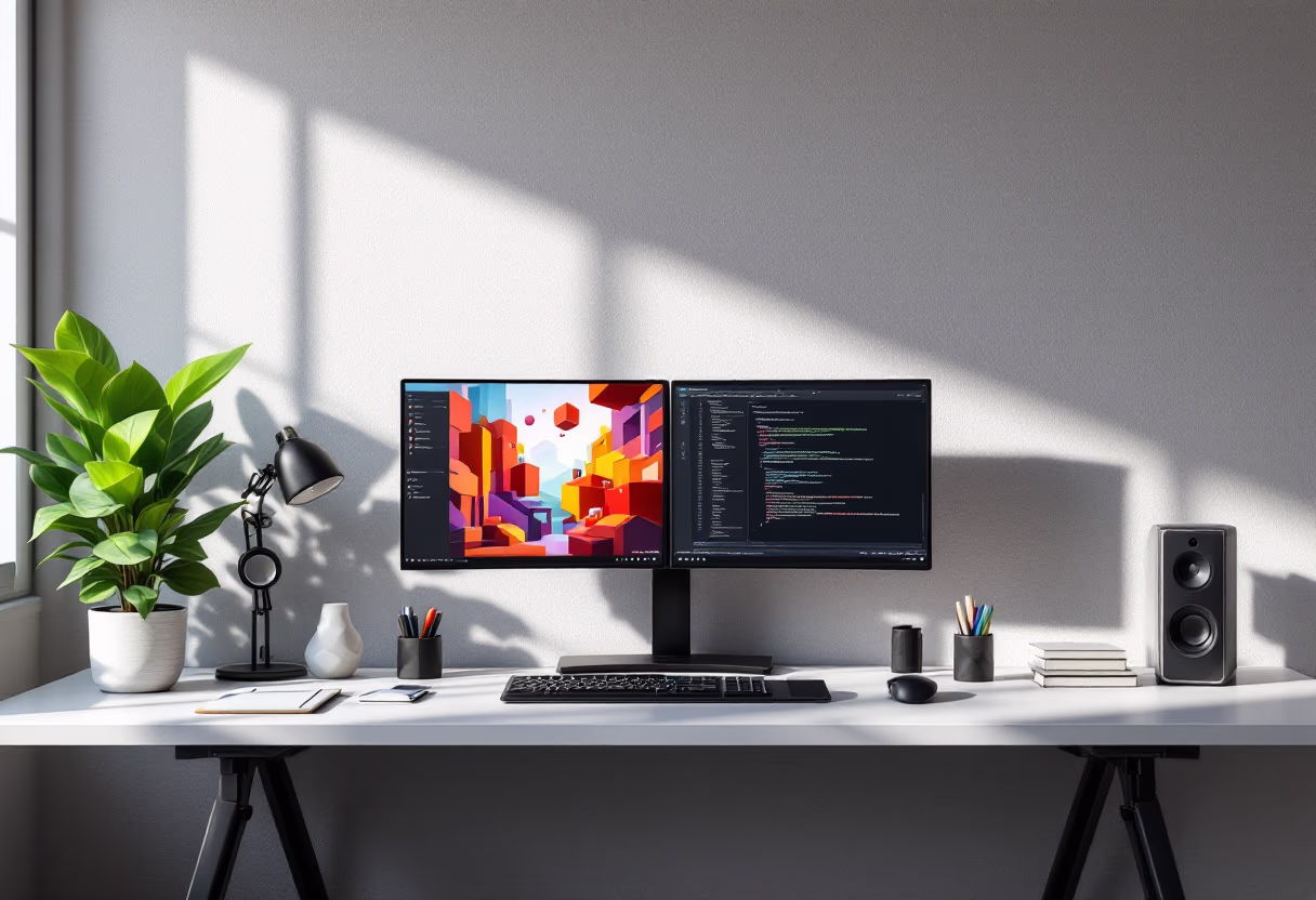 image of desk setup with computer (for a game development company)