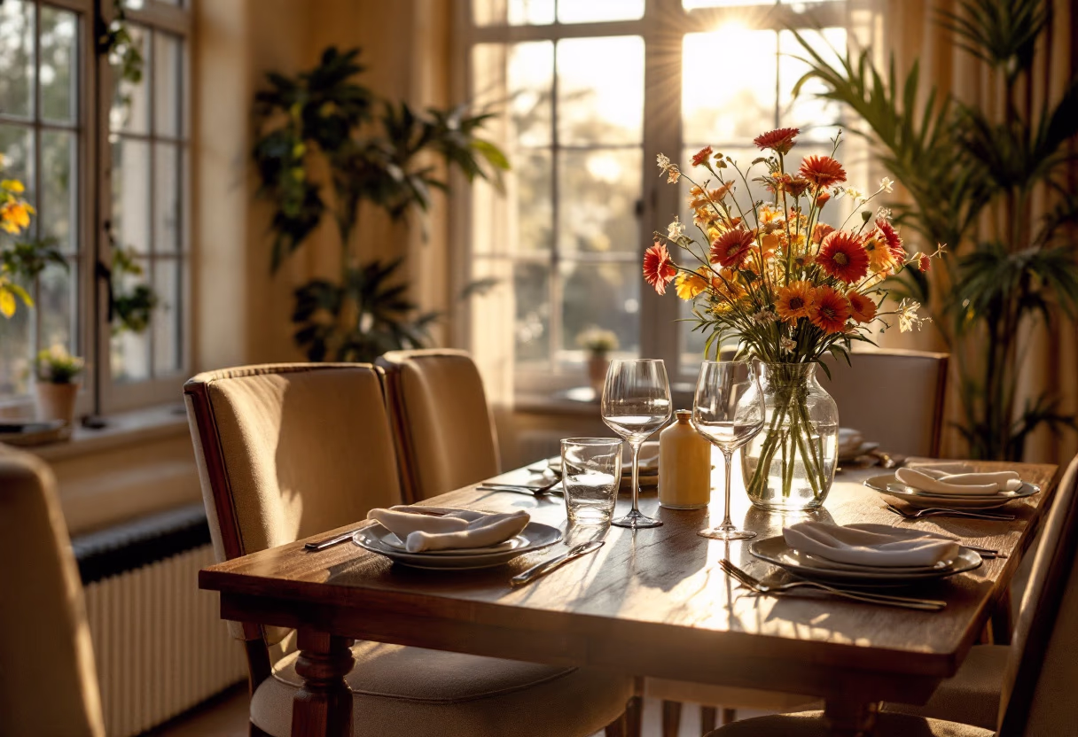 image of a dining area post-cleaning service, bathed in morning sunlight