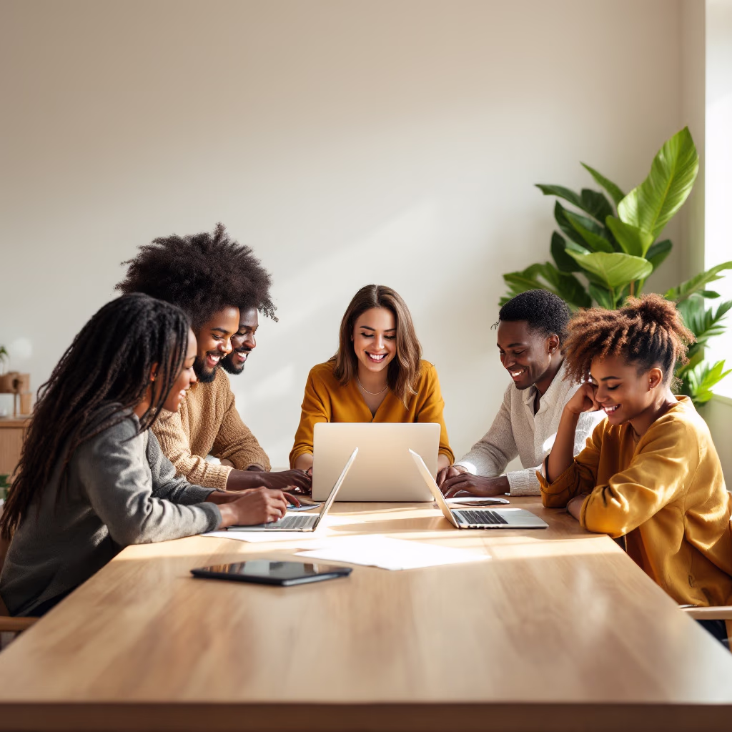 image of a team collaborating with digital devices (for a b2b saas) [team]