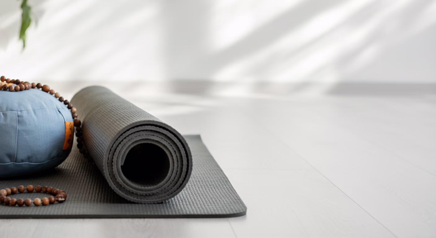 [background] background image of yoga mat and meditation tools (for a yoga studio)