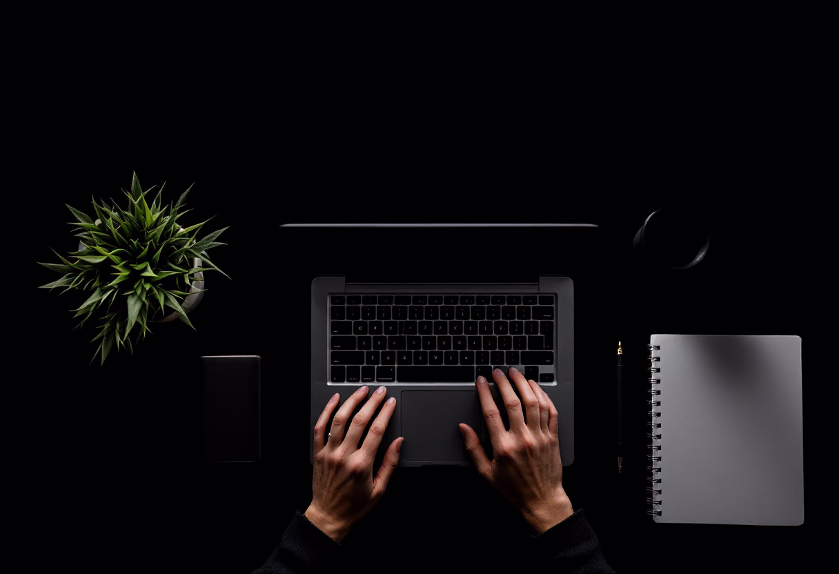 [background image] image of topdown photo of desk with laptop (for a food and agtech)