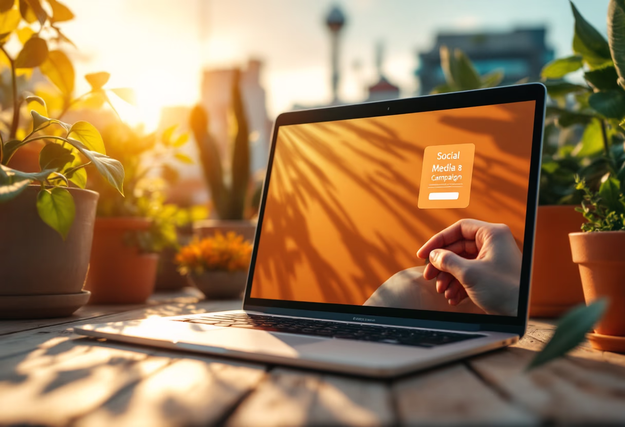 image of a digital marketing social media campaign shown on a laptop at a rooftop garden