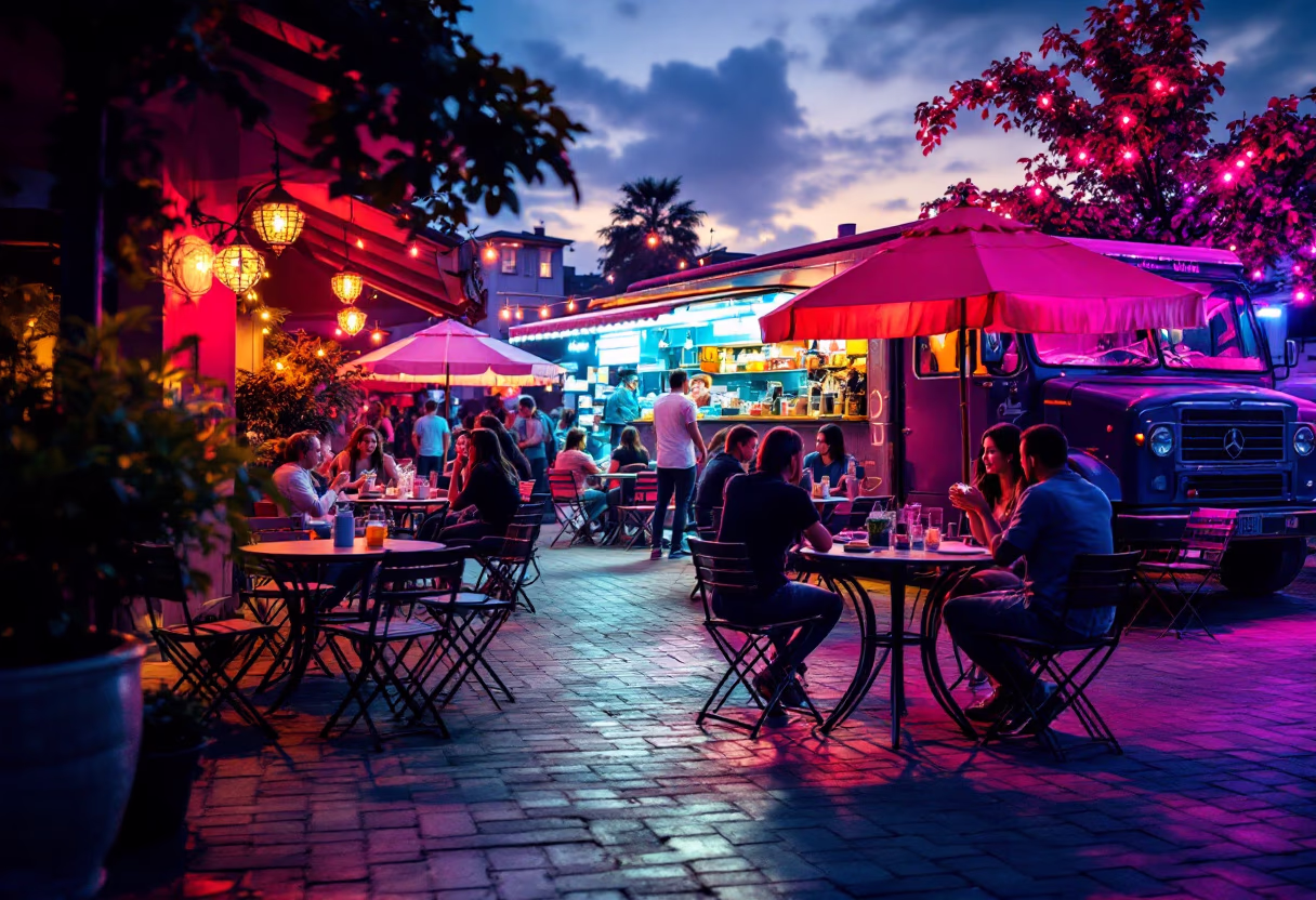 [background image] image of an outdoor eating area (for a food truck)