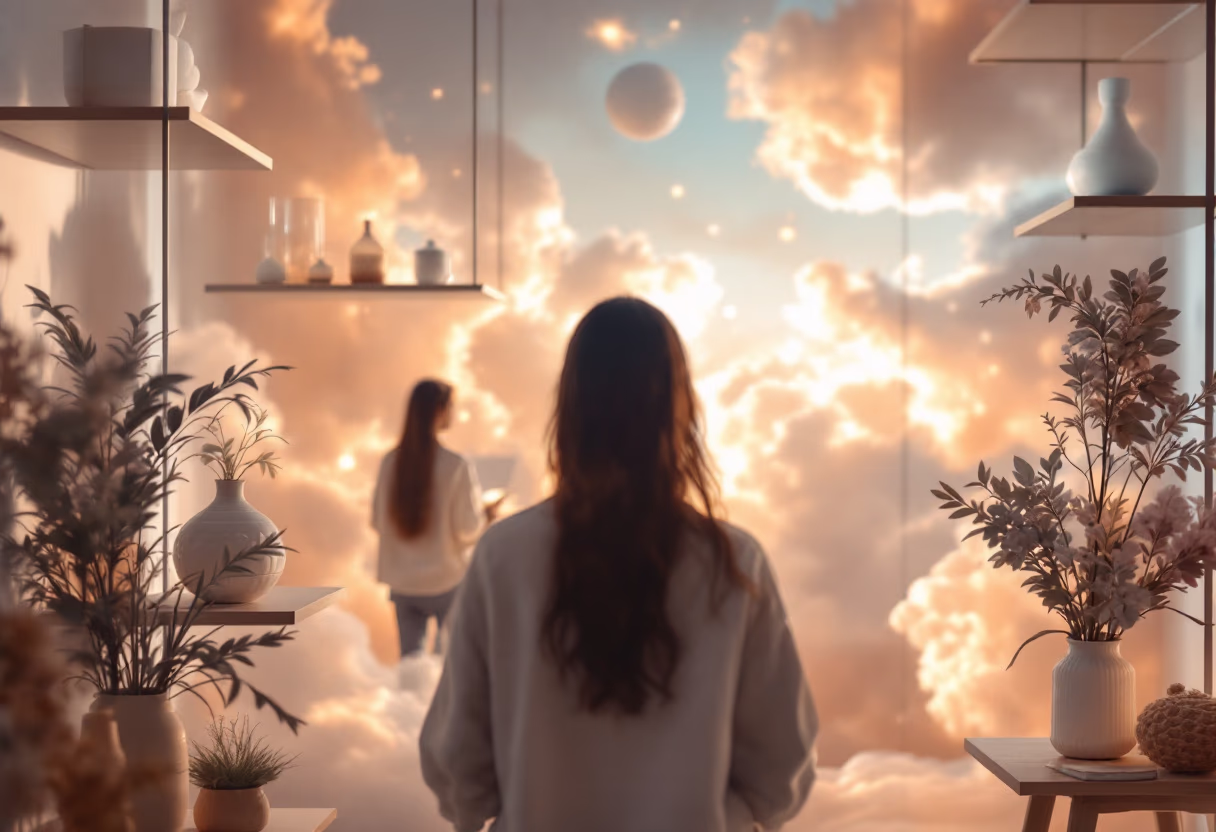 Person looking out at soft clouds through a large window in a calm room.