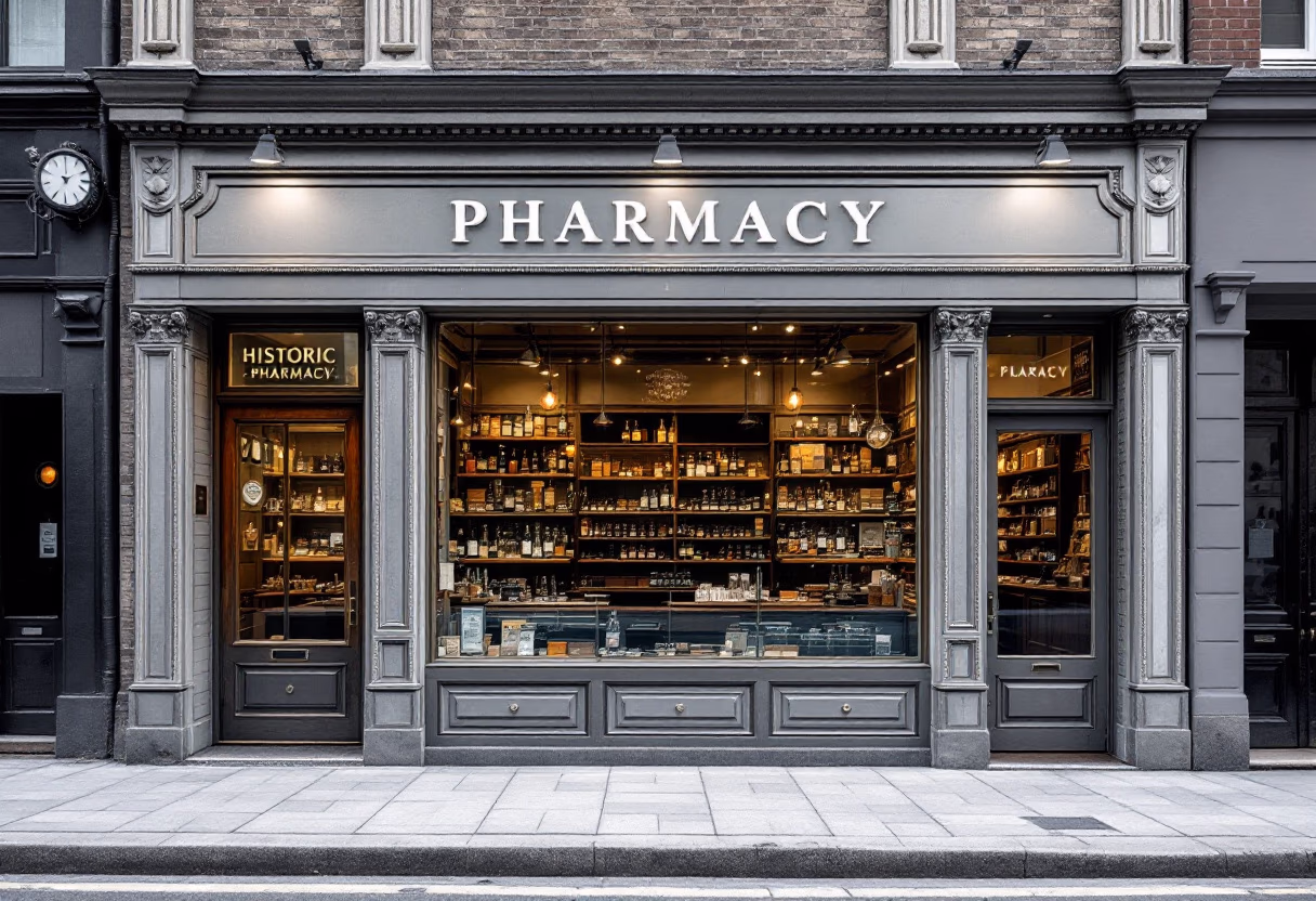[background image] historic pharmacy building or storefront (for a pharmacy)