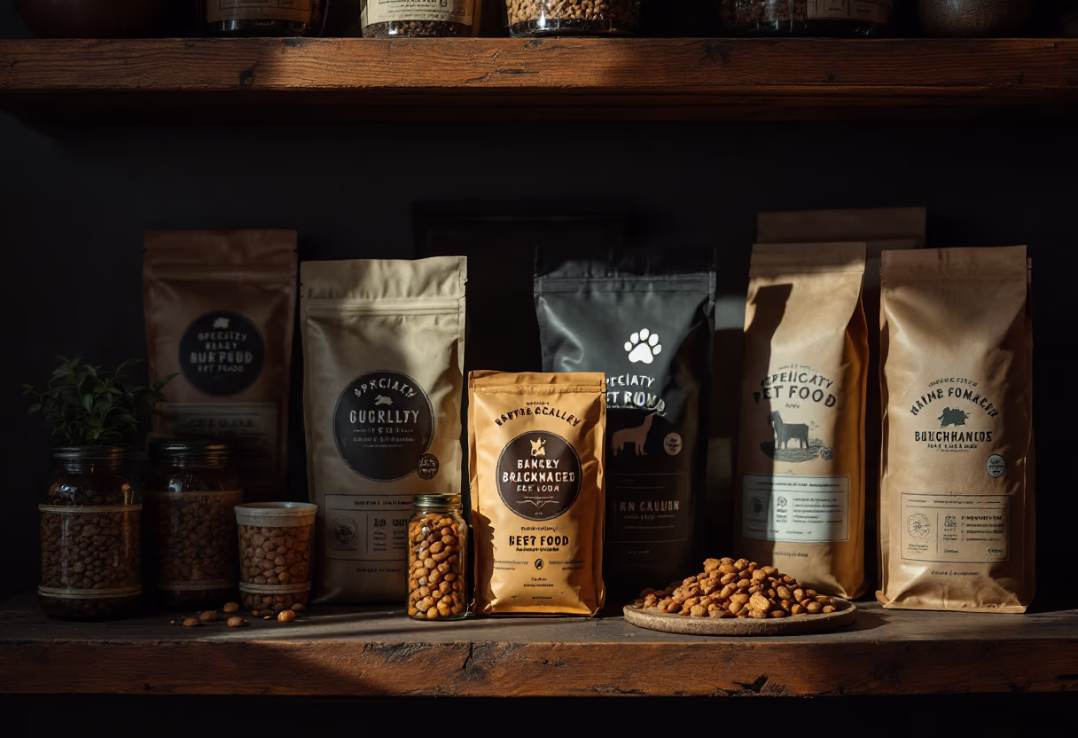image of various pet food brands on shelves (for a pet store)
