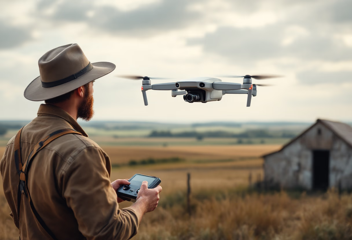 image of a farmer operating a drone over agricultural land