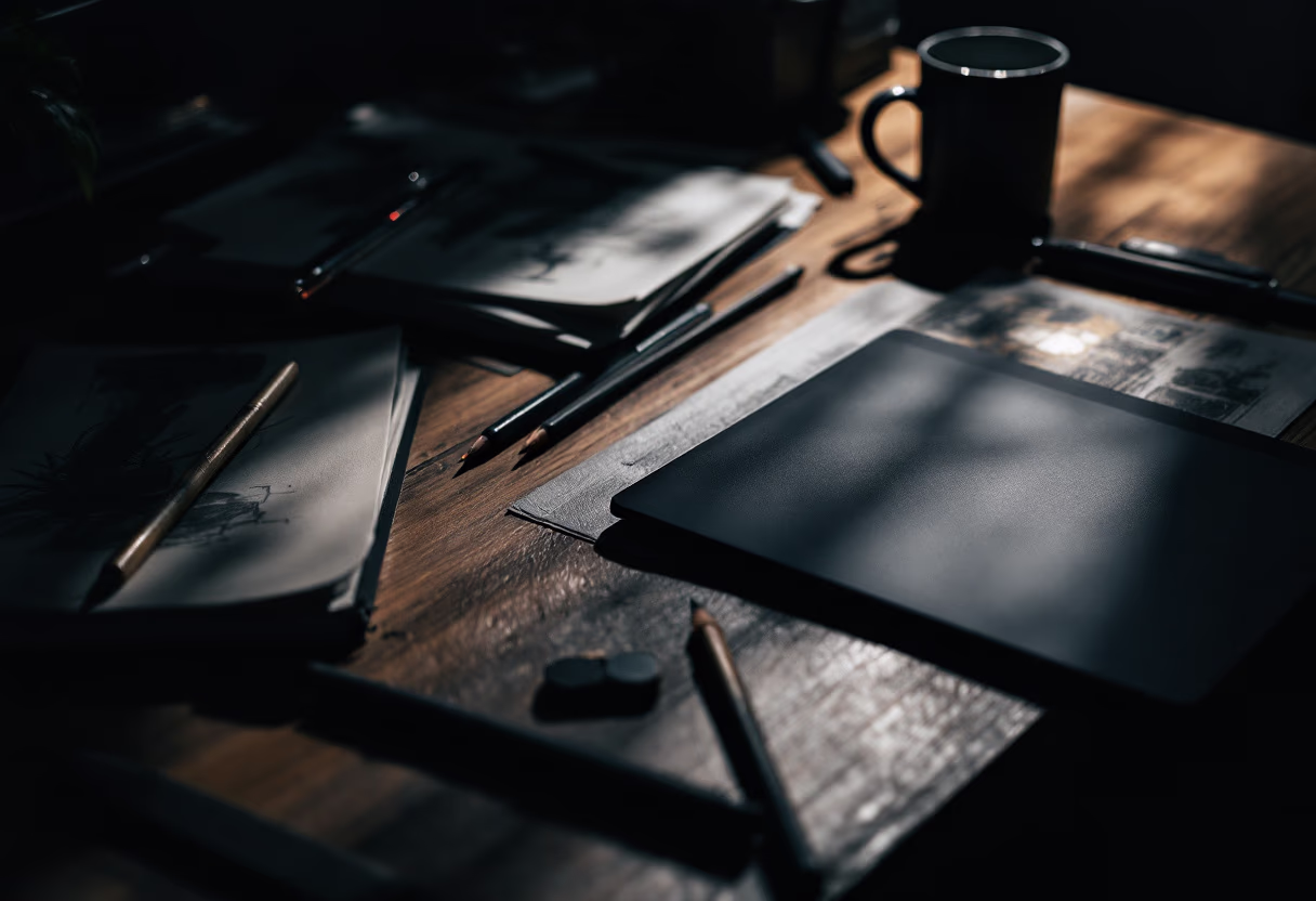 [background image] image of art supplies on a desk (for a graphic design studio)