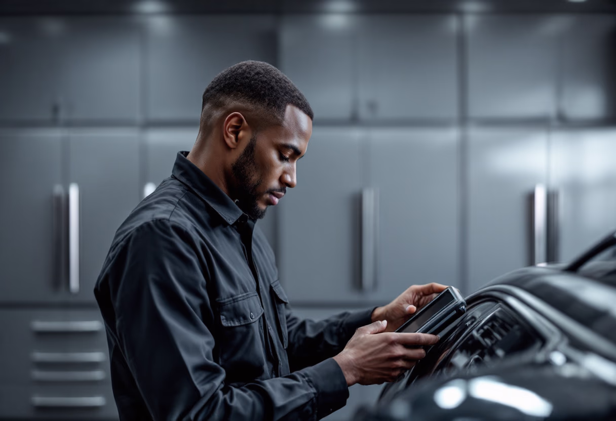 image of a service technician utilizing modern technology