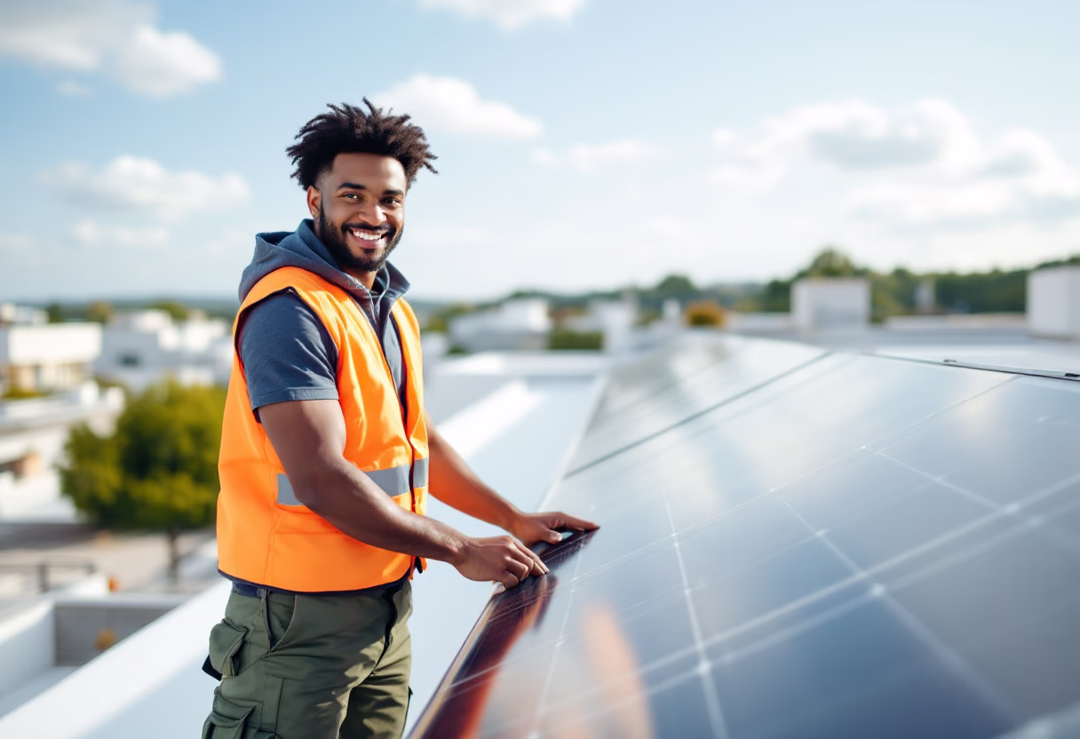 image of a technician installing solar panels