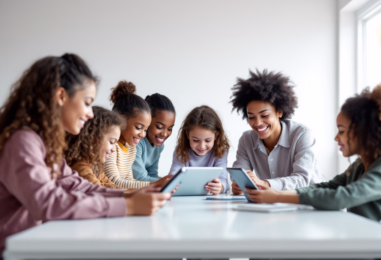 image of a teacher interacting with students using digital tools