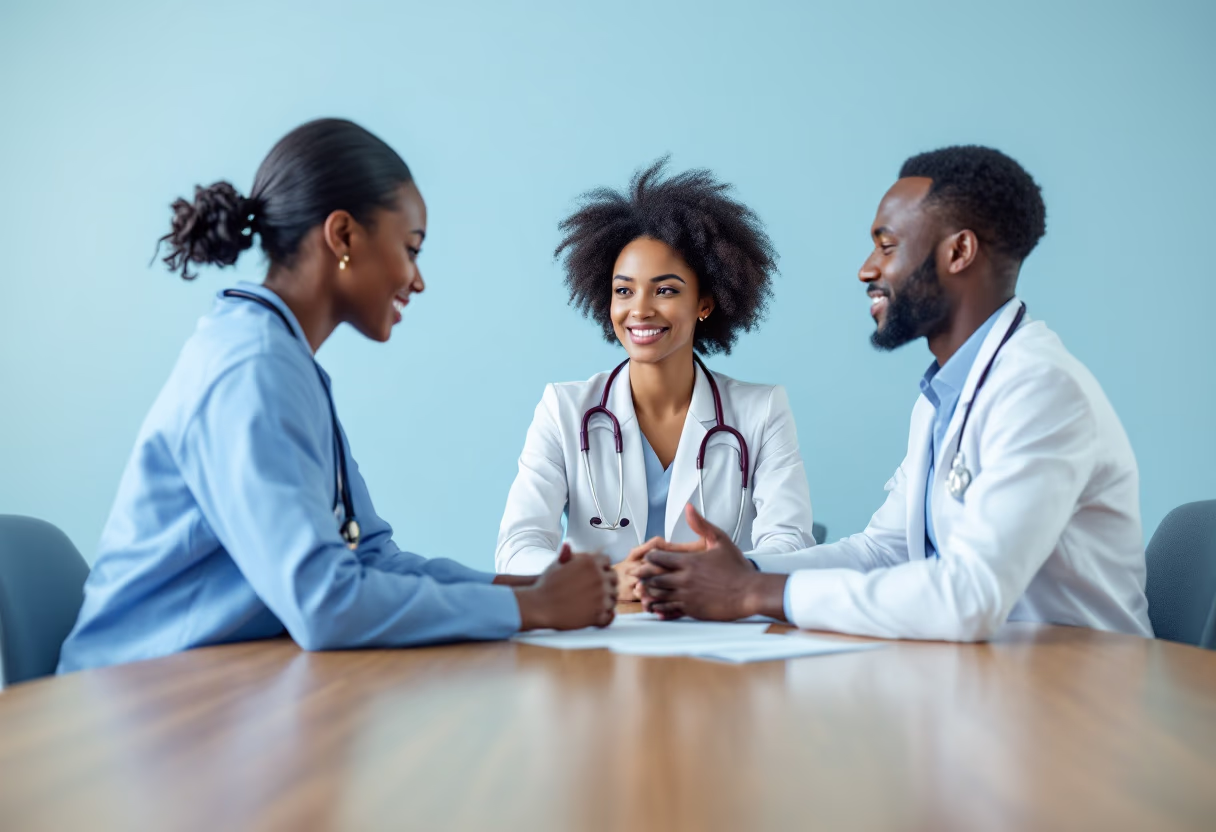 image of job applicants in a discussion (for a medical clinic)