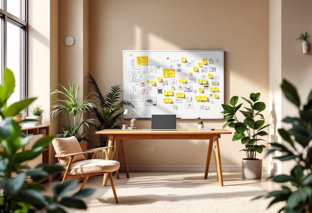 Minimalist creative space with design process and sticky notes