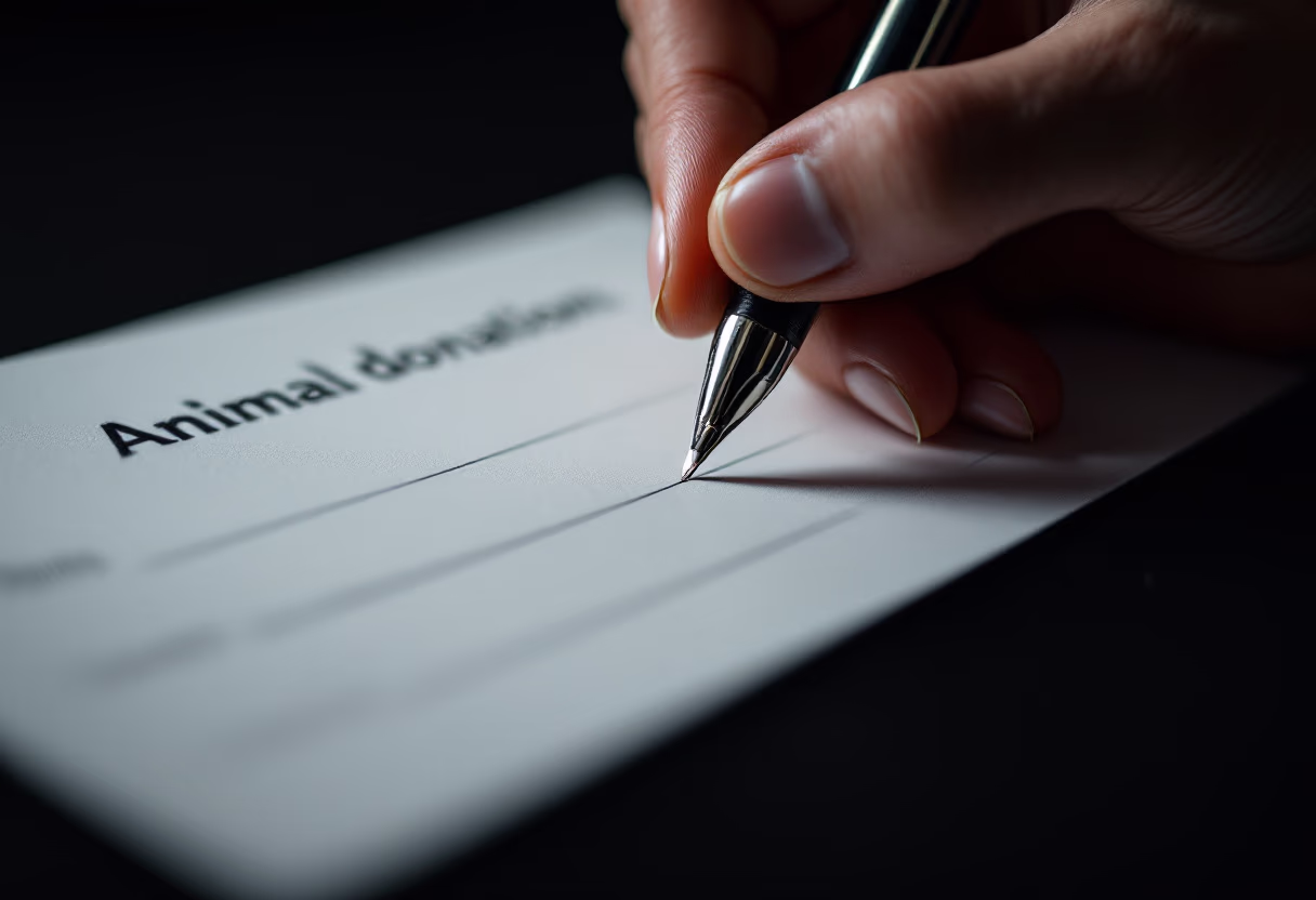 image of an anonymous hand signing a donation pledge card for animal welfare