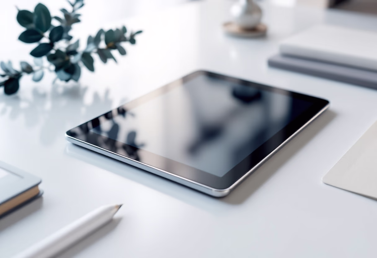 image of a desk workspace with tablets (for a legal tech)