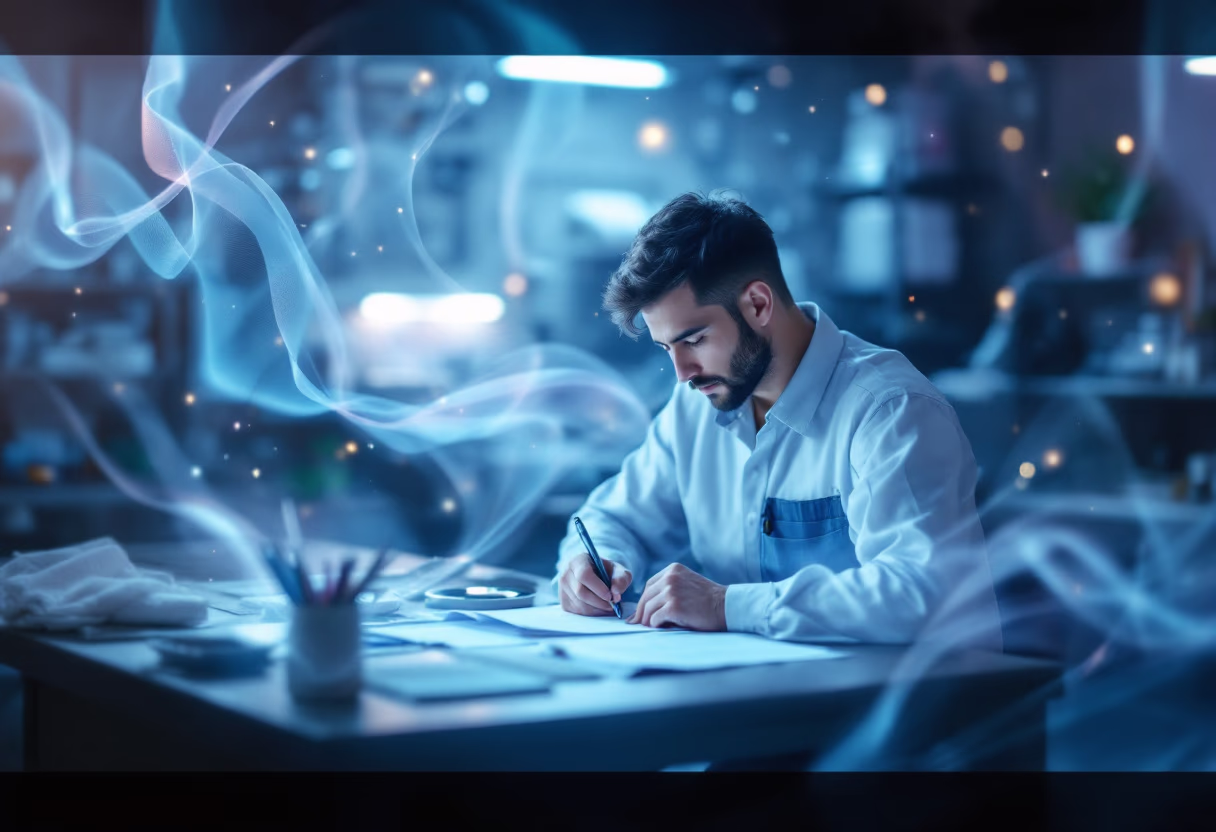 Man writing at a desk surrounded by swirling blue light.
