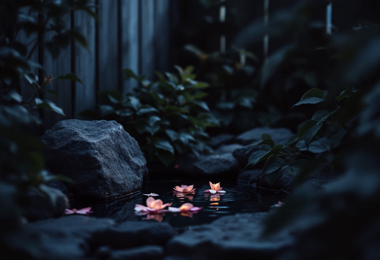[background image] image of a dimly lit serene garden corner