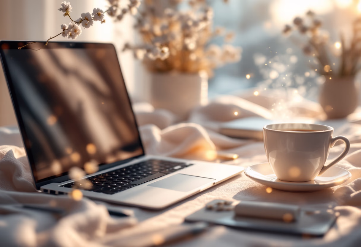 [background image] topdown photo of a desk with a laptop and a coffee cup
