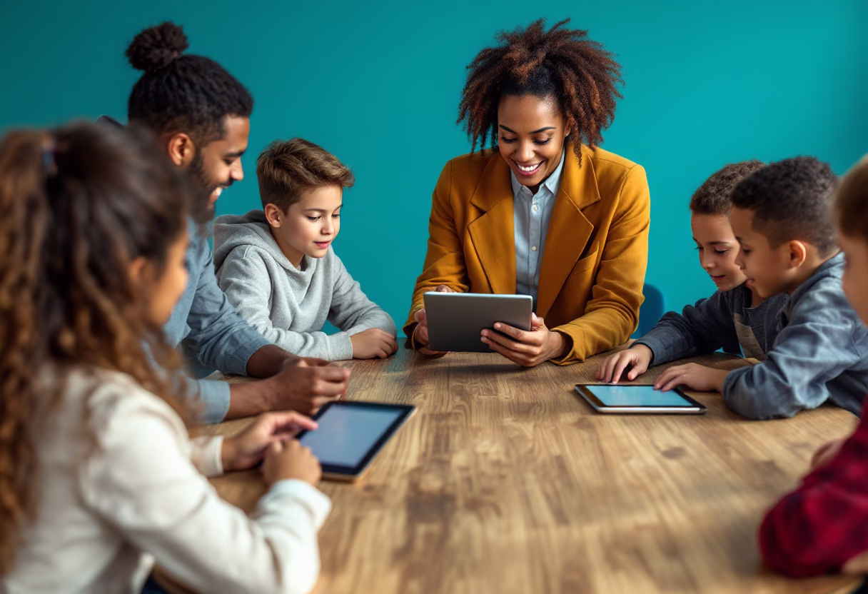 image of a teacher interacting with students using digital tools (for edtech)