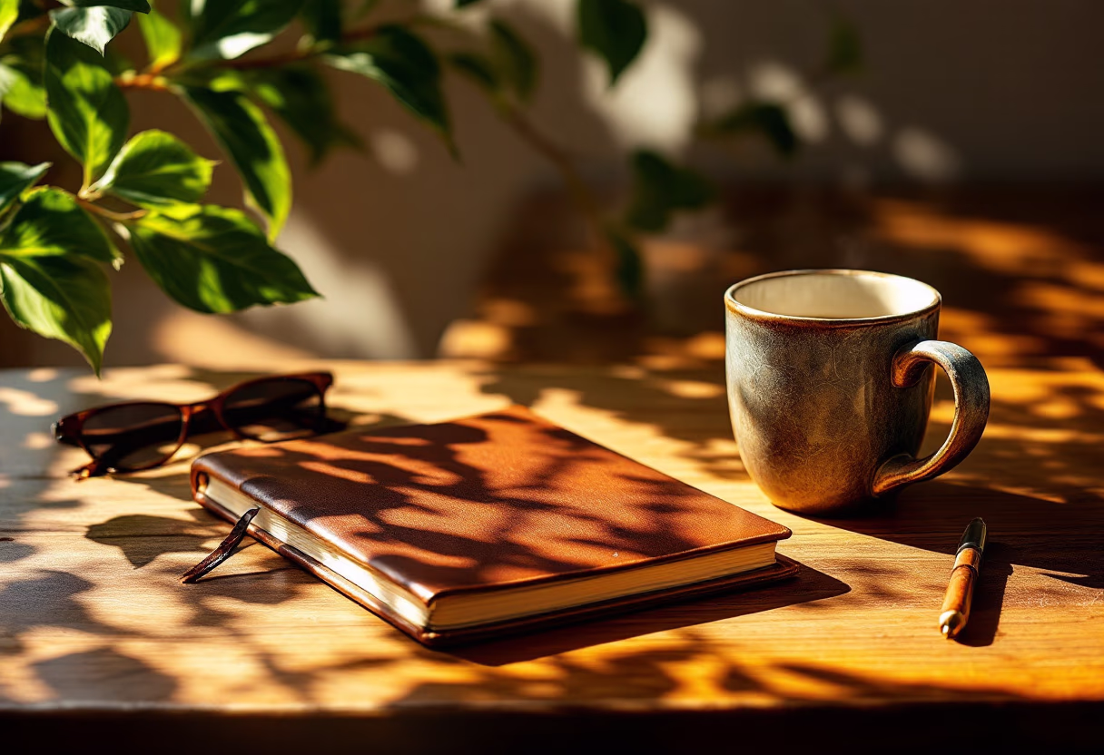 image of a notebook and coffee cup on a table (for a productivity tools business)