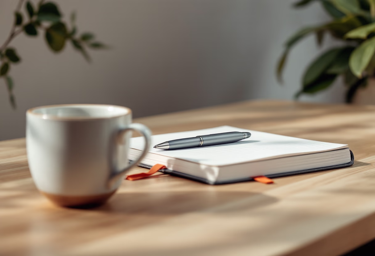 image of a notebook and coffee cup on a table for a productivity tools business