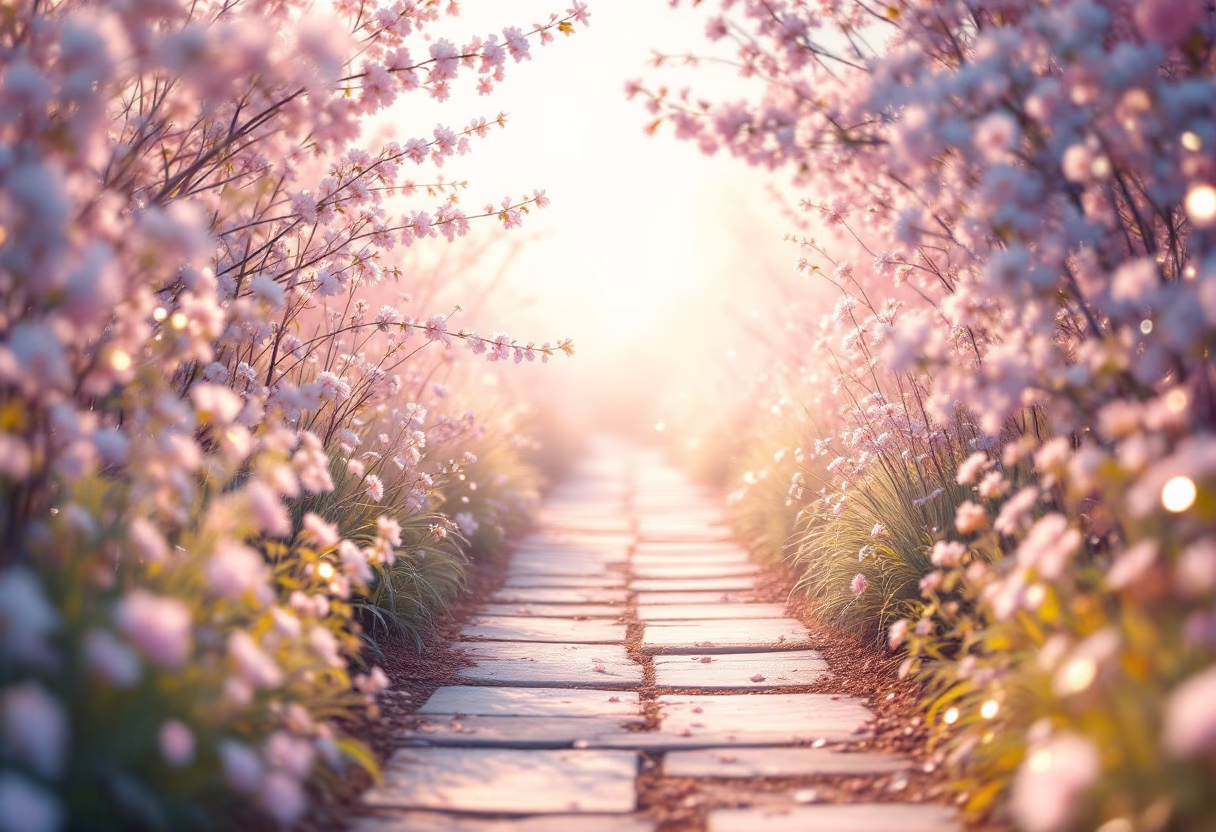 Stone path leading through blossoming trees toward soft light.