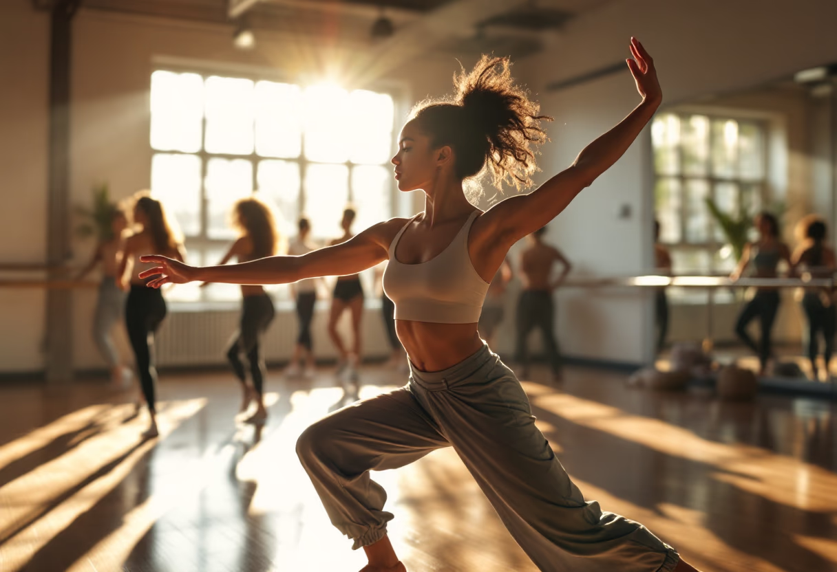 a dance instructor leading a class in a sunlit studio
