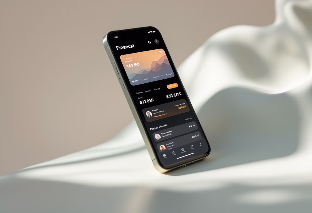 image of mobile device with a financial app interface (for a fintech company)