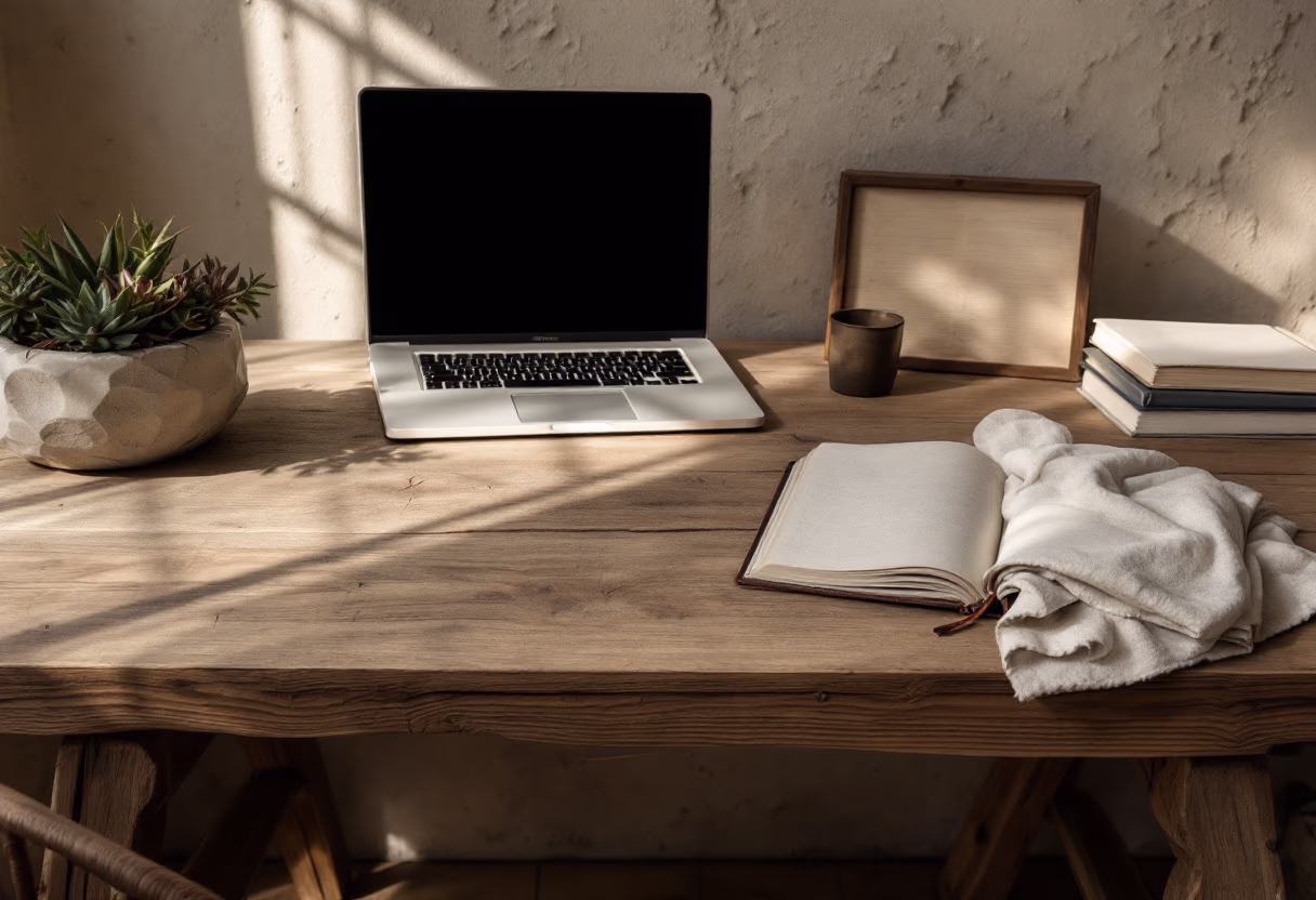 image of desk with a laptop and a plant (for a bookstore)