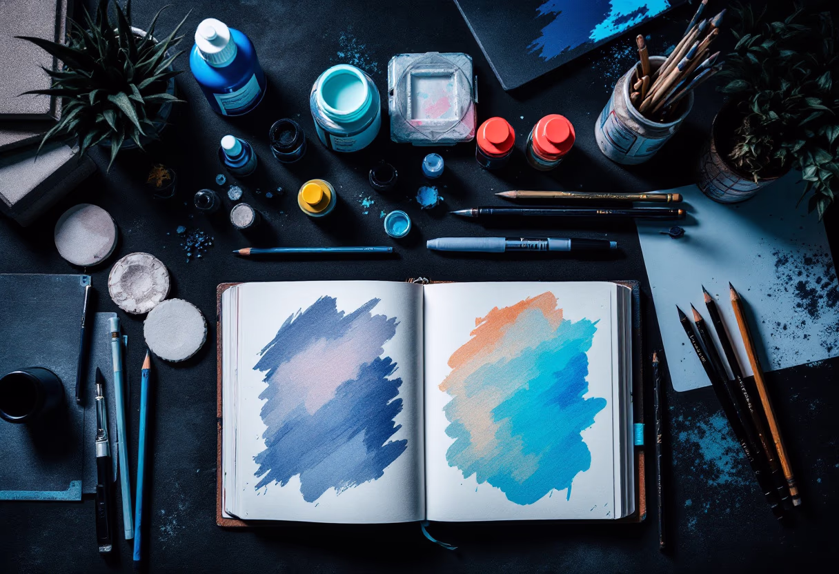 [background image] image of art supplies on a desk (for a graphic design studio)