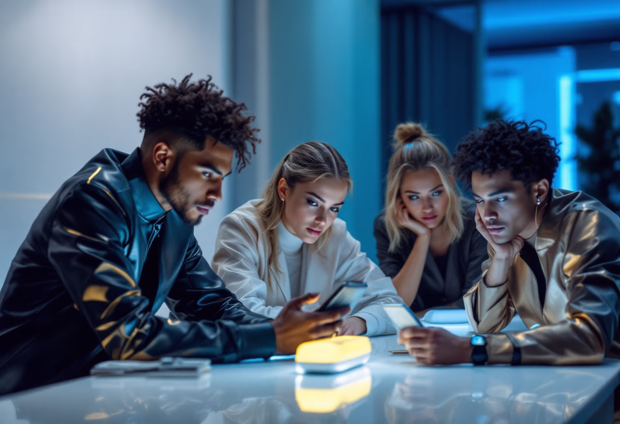 image of people interacting with their devices in a modern workspace.