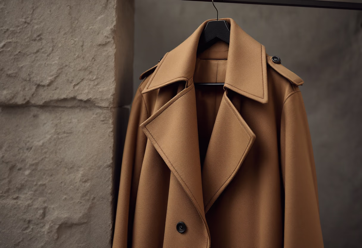 image of a luxurious trench coat hanging elegantly in a boutique setting