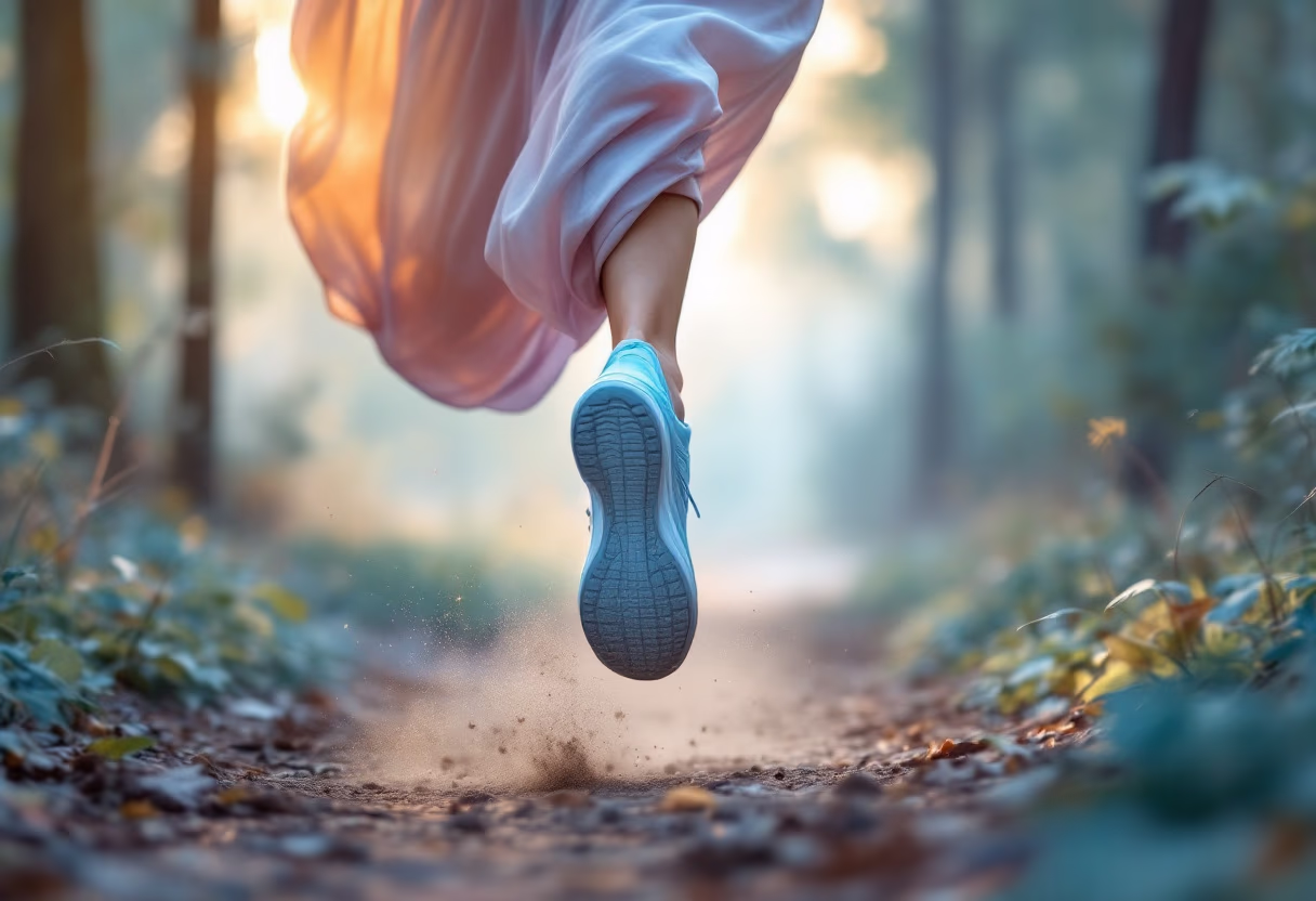 Runner's shoe mid-stride on a sunlit forest trail.