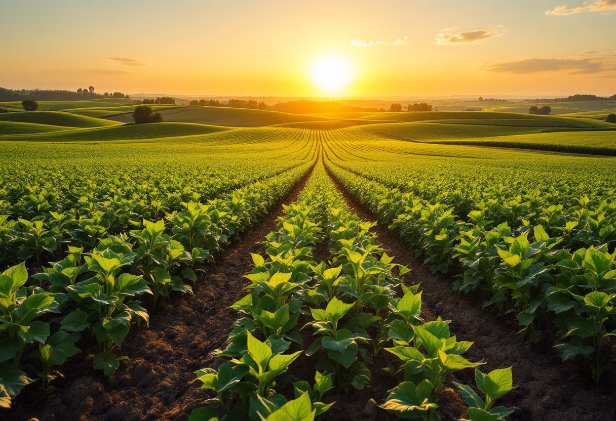 image of farmland with sunrise