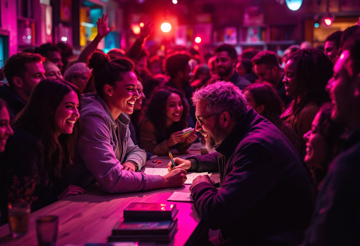 bustling book signing with a vibrant atmosphere in a bookstore