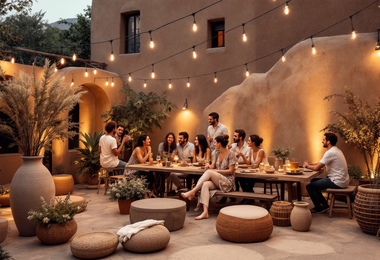 image of a lively evening celebration under string lights