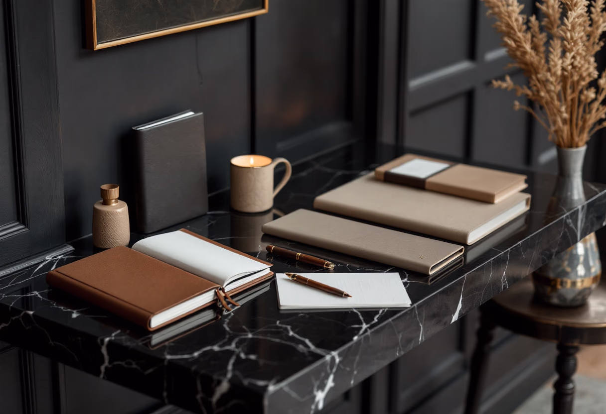 image of art merchandise, featuring high-end stationery and crafted gifts at an art gallery boutique