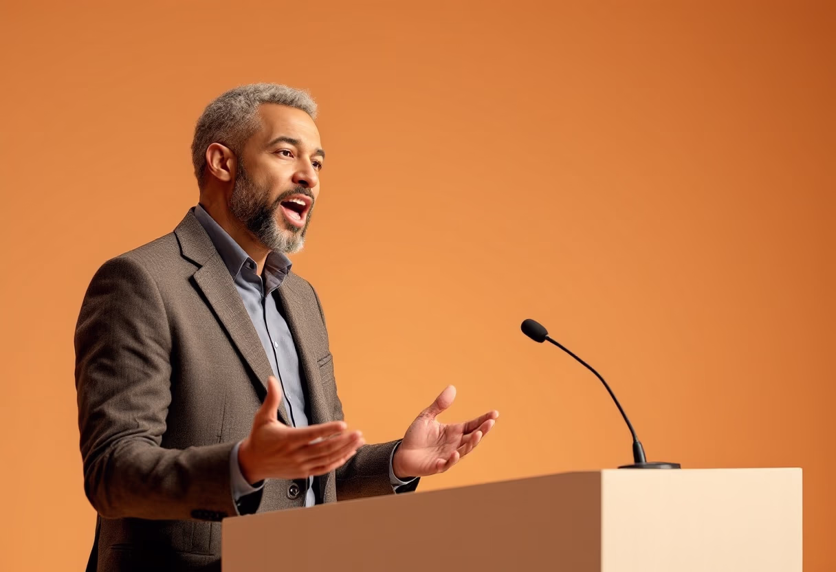 image of a speaker at a humanitarian aid fundraising event, delivering an inspiring presentation