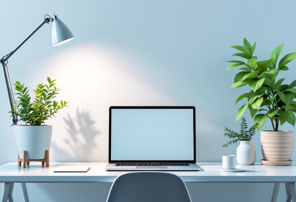 [background image] image of a desk with a laptop and a plant
