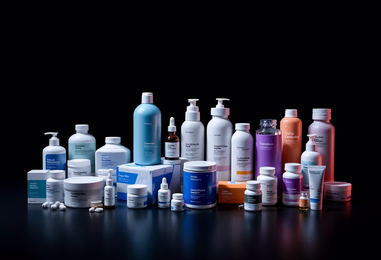 [background image] variety of pharmaceutical products on display (for a pharmacy).