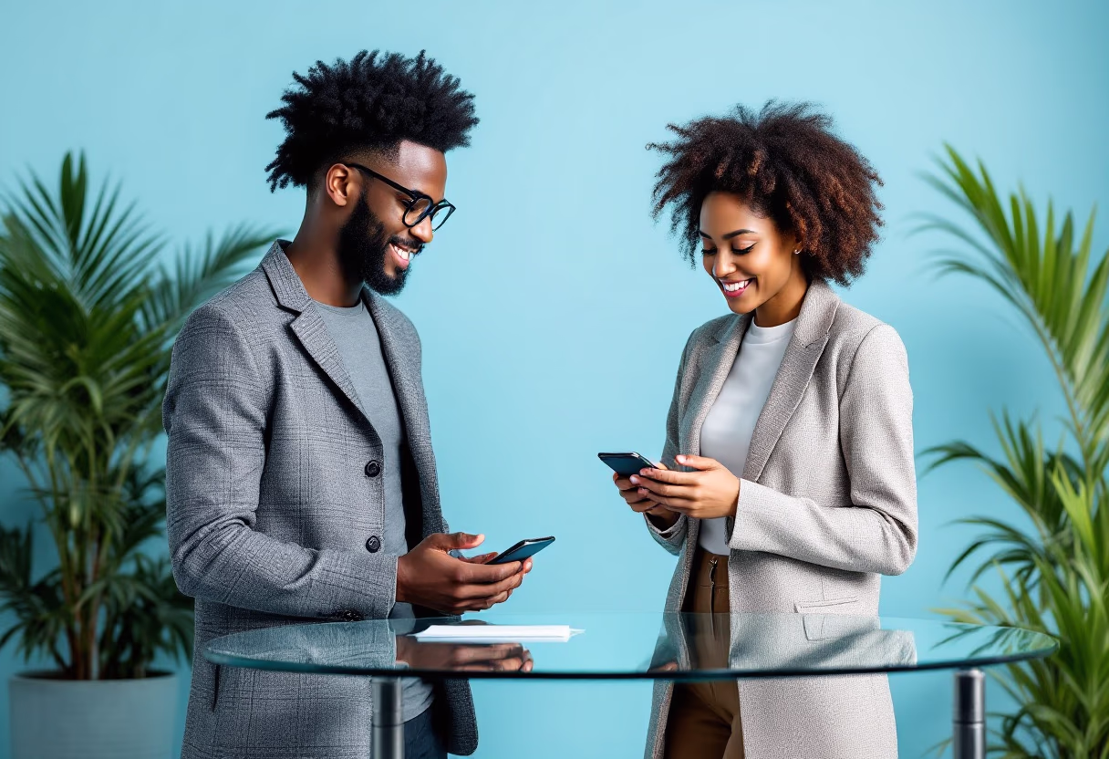 image of people interacting with devices for a finance app