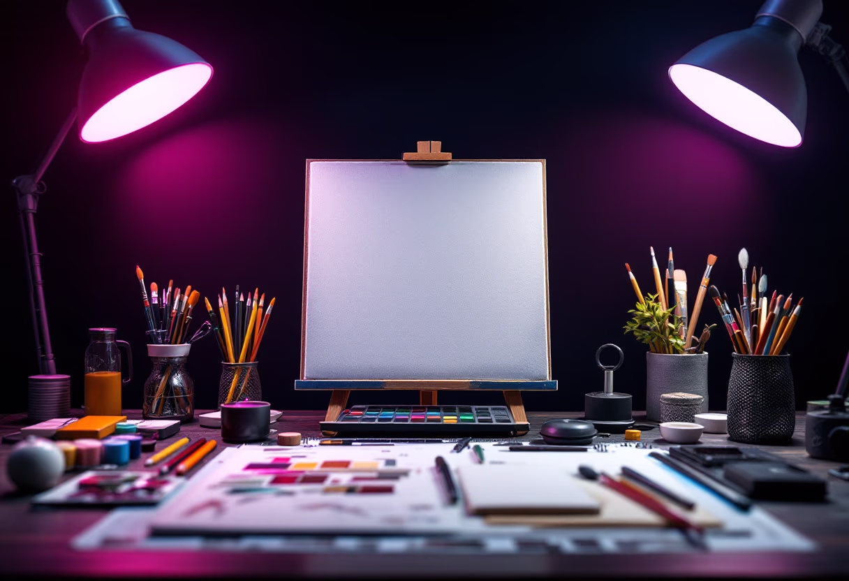 [background image] image of art supplies on a desk (for a graphic design studio)