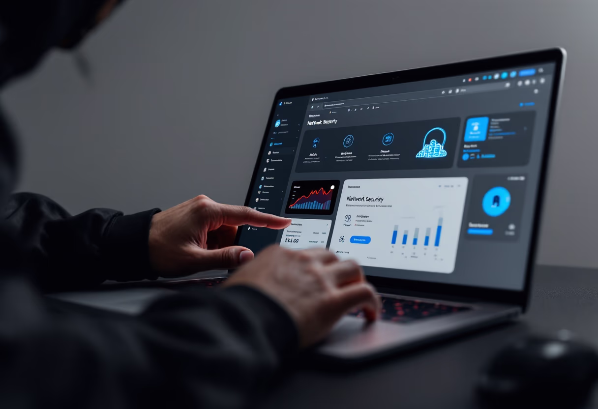 [interface] image of a laptop with network security software interface (for an ai cybersecurity company)