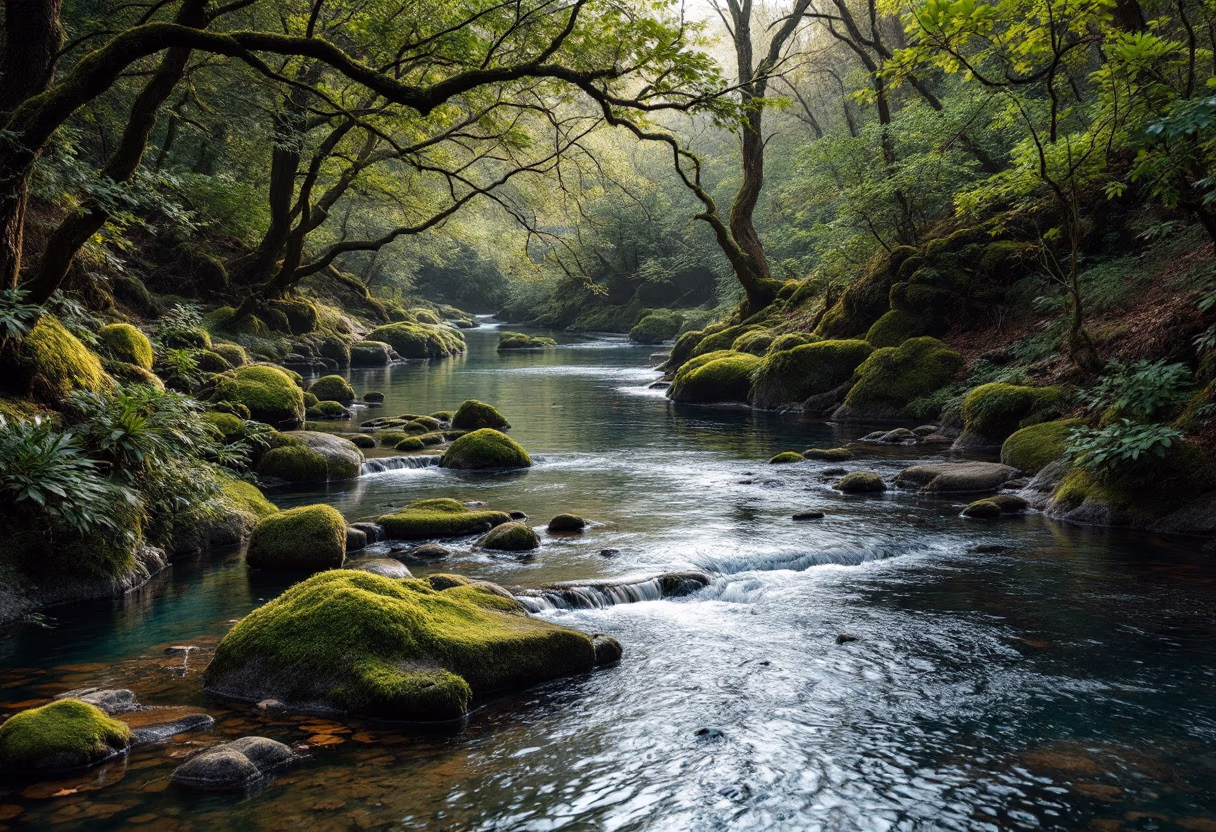 image of clean river running through a forest