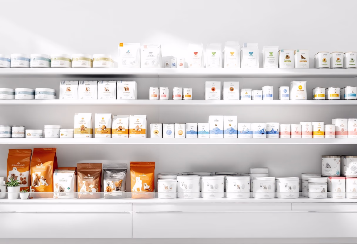 image of various pet food brands on shelves (for a pet store)